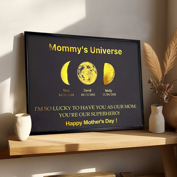 Custom Moon Phases Frame With Text & Date - Mommy's Universe - Gift for Mom