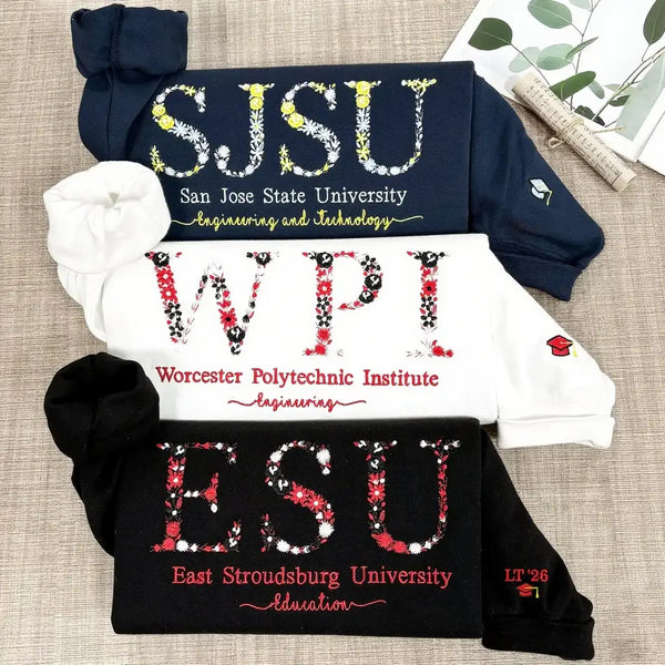 Custom College Floral Embroidered Sweatshirt, Floral Letter Hoodie, University High School Crewneck, Graduation Gift