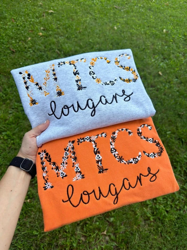 Custom Embroidered College Sweatshirt with Floral Lettering - Personalized School Name Apparel