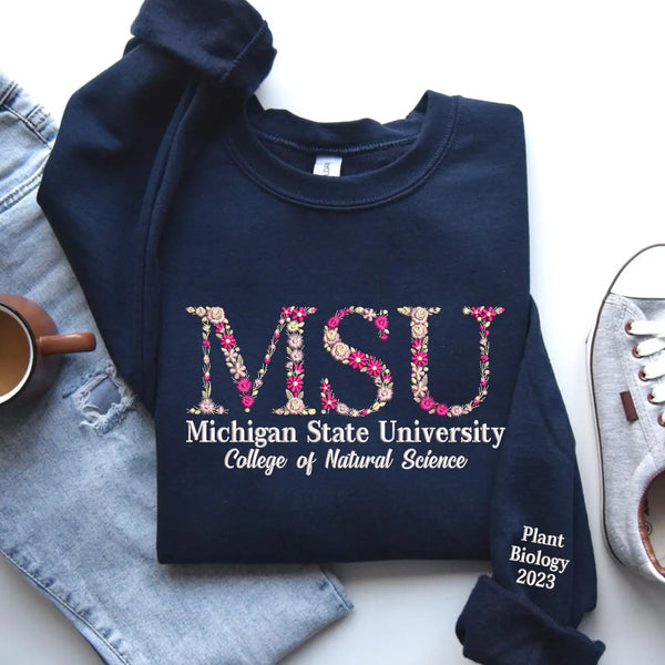 Custom College Embroidered Sweatshirt, Floral Letter Embroidered Hoodie, University High School Crewneck Gift For Student
