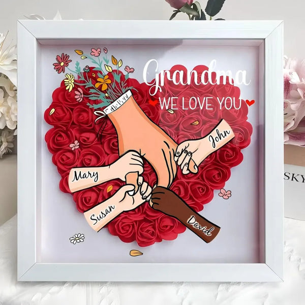 We Love You Mommy Hand Holding - Personalized Flower Shadow Box - Multiracial Family - Different Skin Tones