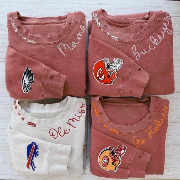 Vintage Custom Football Team Embroidered Hand Distressed Crew Neck Sweatshirt