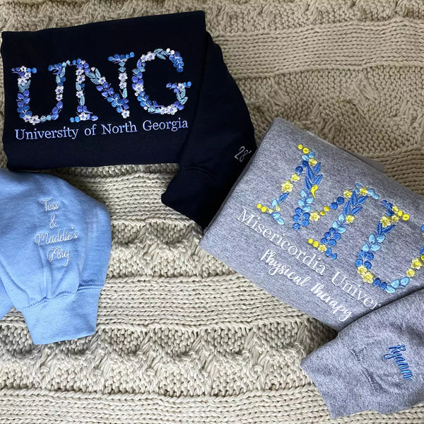 Custom College Floral Letter Embroidered Hoodie/Sweatshirt, University Tee, Sorority Gift