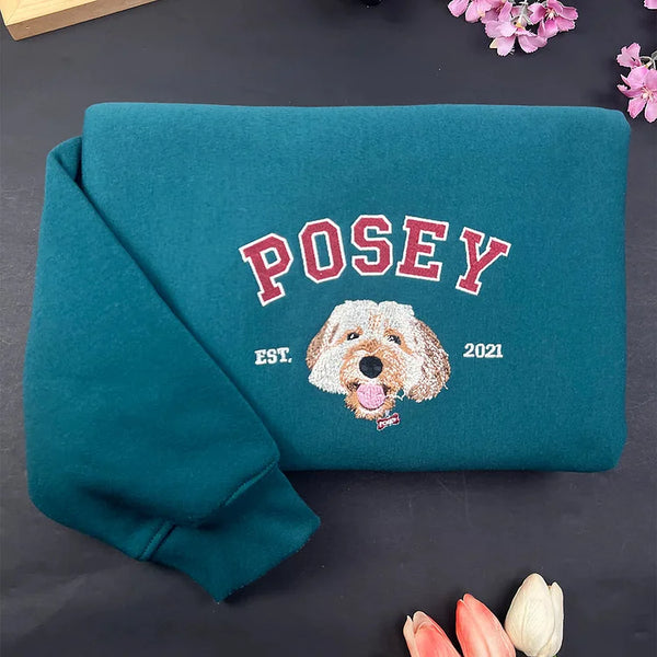 Custom Embroidered Pet Portrait Hoodie - Personalized Pet Sweatshirt with Name & Year