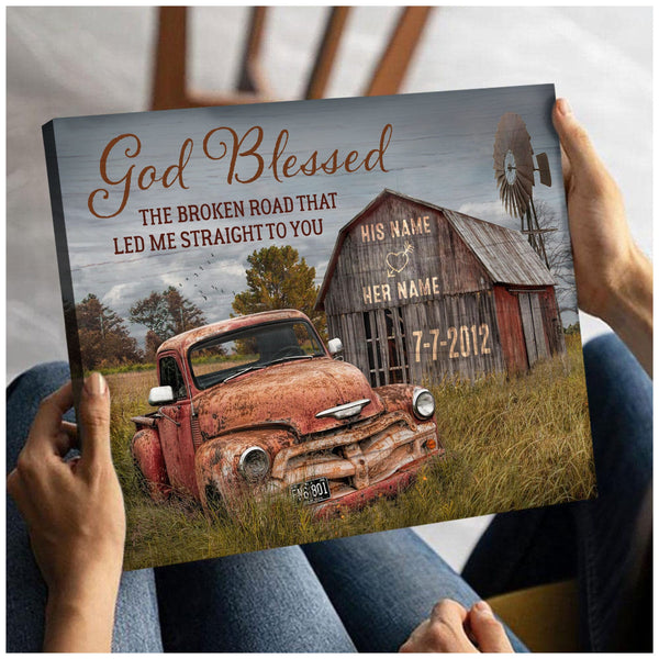 [Online Preview]God Blessed The Broken Road Old Barn and Vintage Vehicle Canvas Wall Art Print