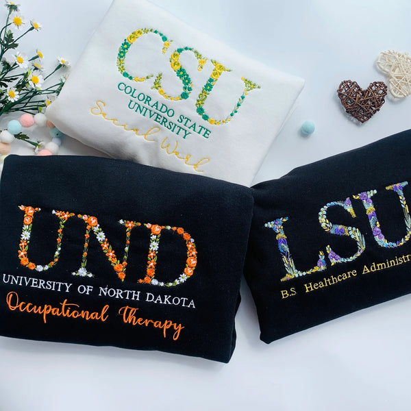 Custom College Floral Embroidered Sweatshirt - Personalized Flower Letter High School T-Shirt - Graduation Gift