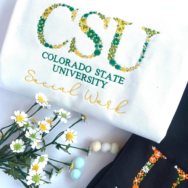 Custom College Floral Embroidered Sweatshirt - Personalized Flower Letter High School T-Shirt - Graduation Gift
