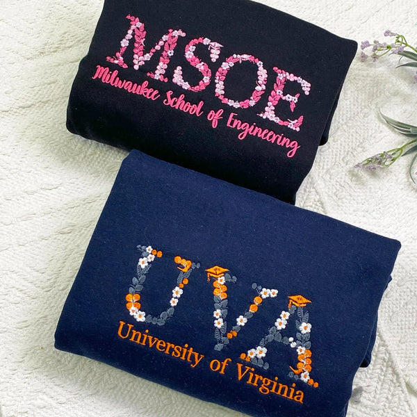 College Floral Letter Embroidered Hoodie | Custom Floral Letter Embroidered T-shirt | University Sweatshirt | Graduation Gift for Besties