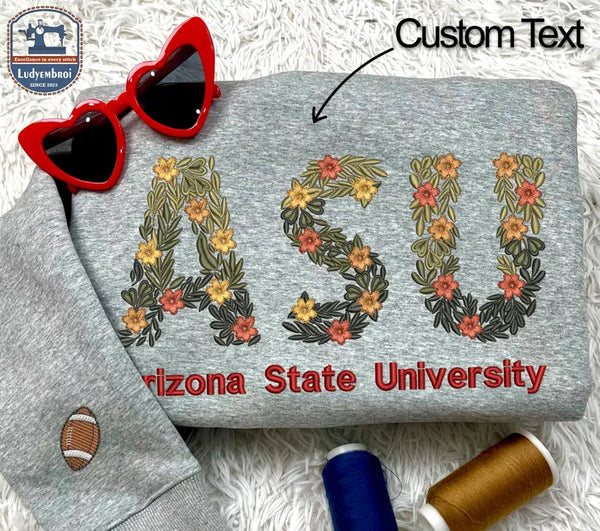 Custom College Embroidered Sweatshirt, Floral Letter Embroidered Hoodie, College University High School Crewneck, Graduation Gift For Friend