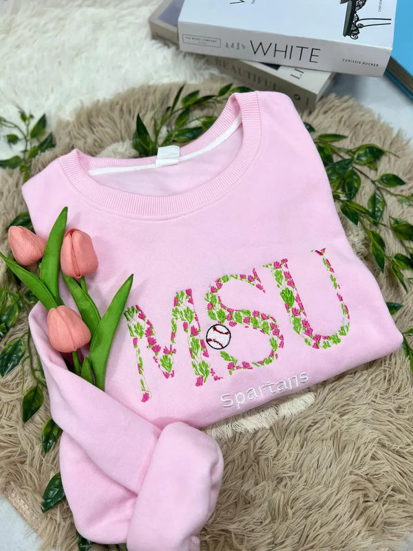 Custom Embroidered Floral Letter University Sweatshirt, Flower Text College Crewneck, Embroidery Sorority Gift Greek, High School Sweater