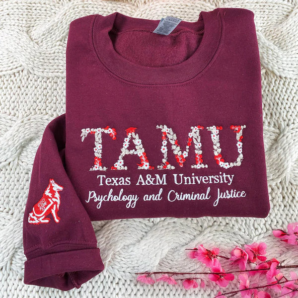 Custom College Floral Letter Embroidered Sweatshirt, TAMU Sweatshirt, University Sweatshirt Gift For Daughter, Back To School Gift
