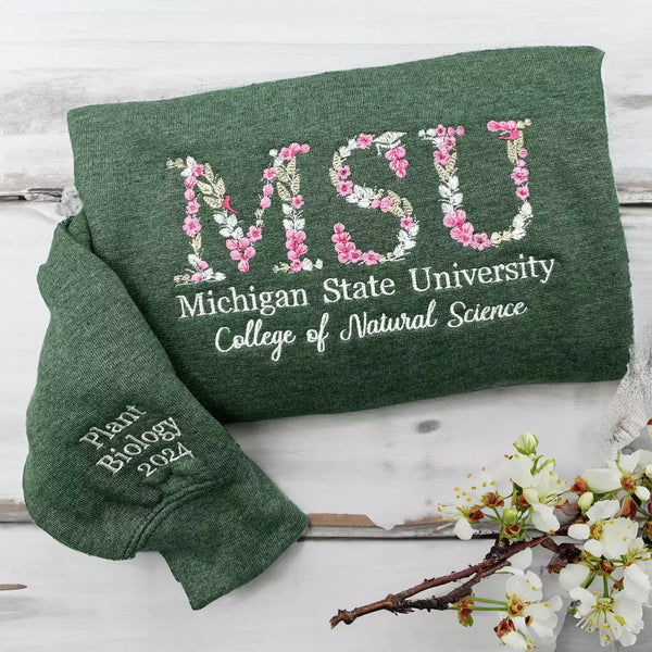 Custom College Embroidered Sweatshirt, Floral Letter Hoodie, University High School Crewneck